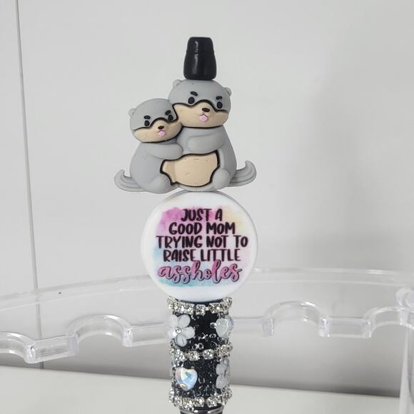 Handmade Beaded Pen Otter Stack Figurines Funny Mom Quote Black Heart Gem Base - Picture 2 of 6